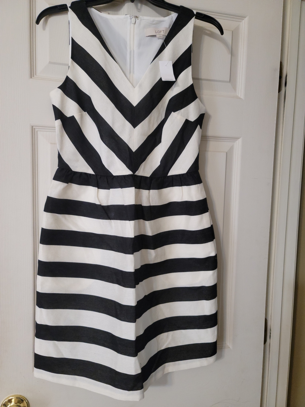 LOFT Black and White Striped V-Neck Midi Dress With Pockets
